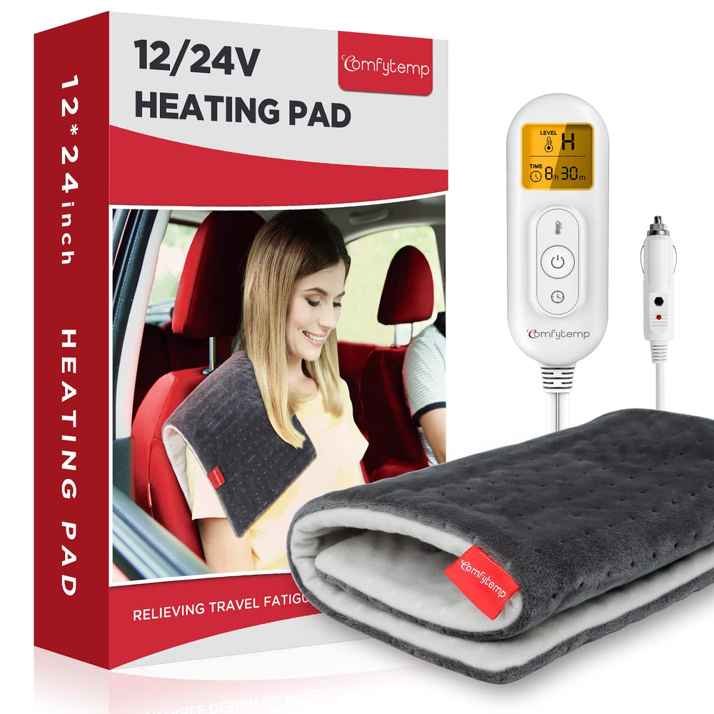 Comfytemp car blanket shows 12V/24V heating with four settings for precise warmth.