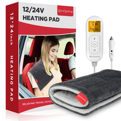 Comfytemp car blanket shows 12V/24V heating with four settings for precise warmth.