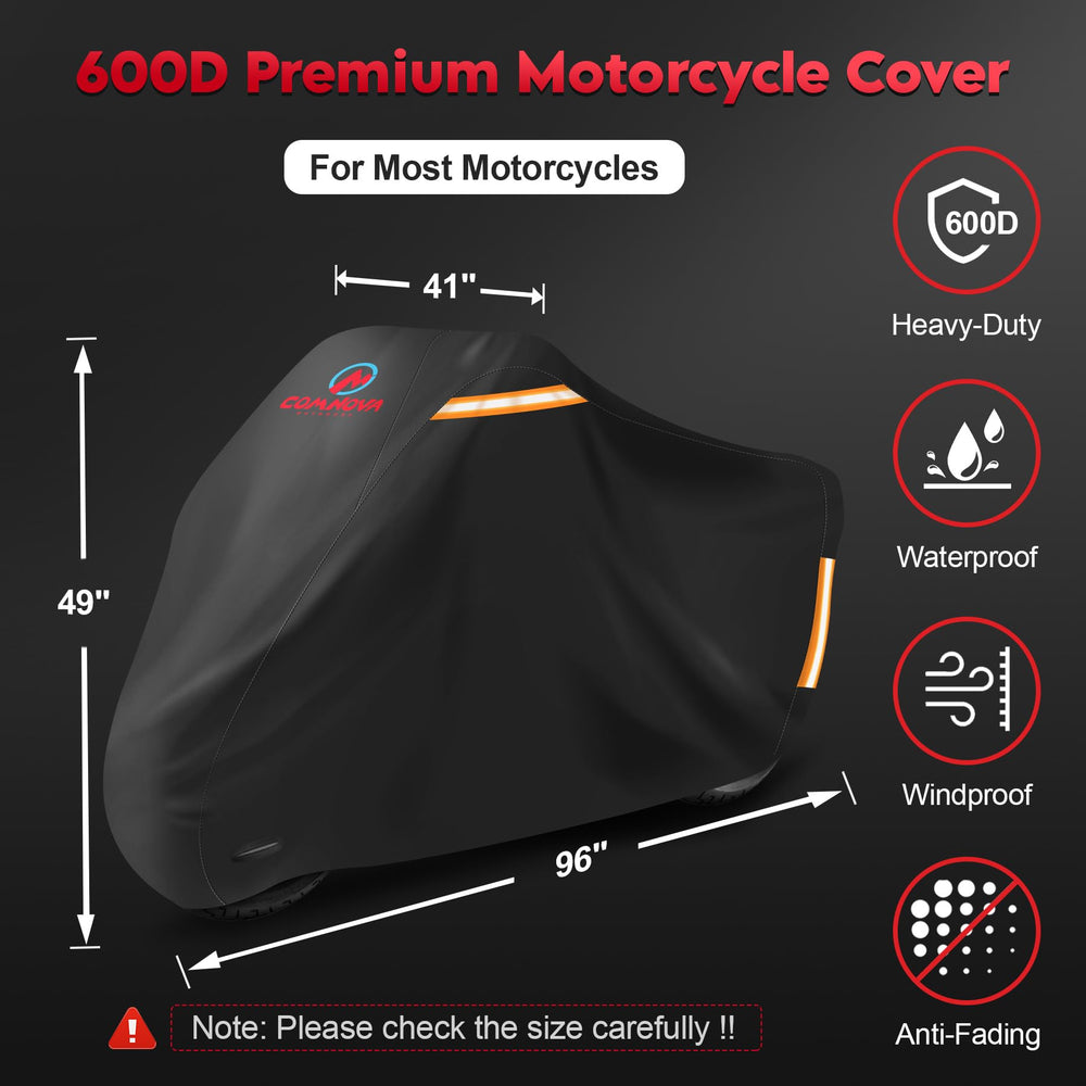 Comnova 600D Oxford fabric cover guards bikes against weather and wear, year-round.