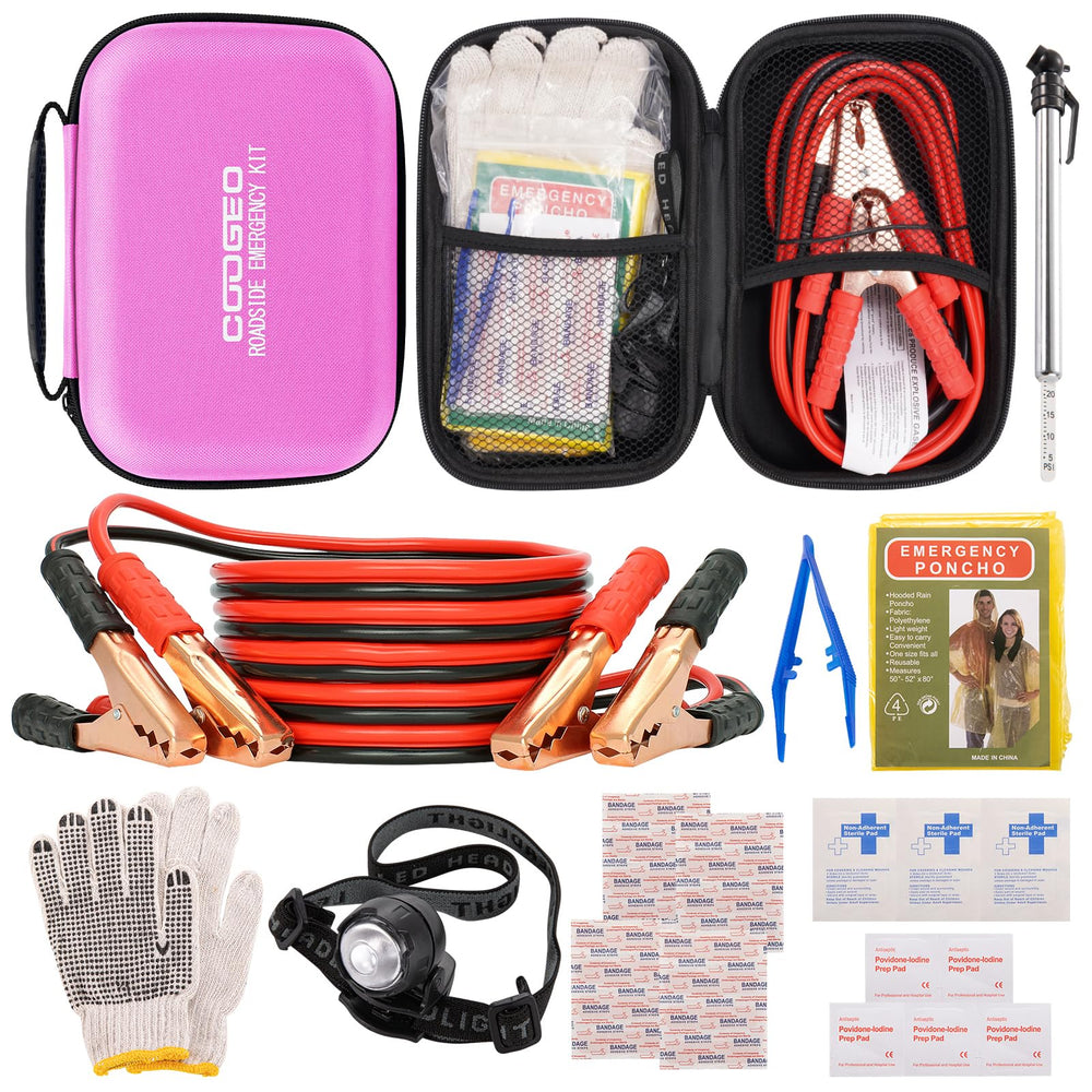 COOGEO pink car emergency kit with battery jumpers for roadside preparedness