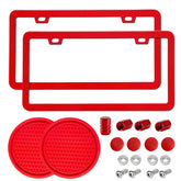 Copvner 2-pack red aluminum license plate frame on a car front for rust-free protection.