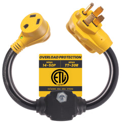 CORDMITPRO overload protector connected to outdoor RV outlet enabling safe 50A to 30A power