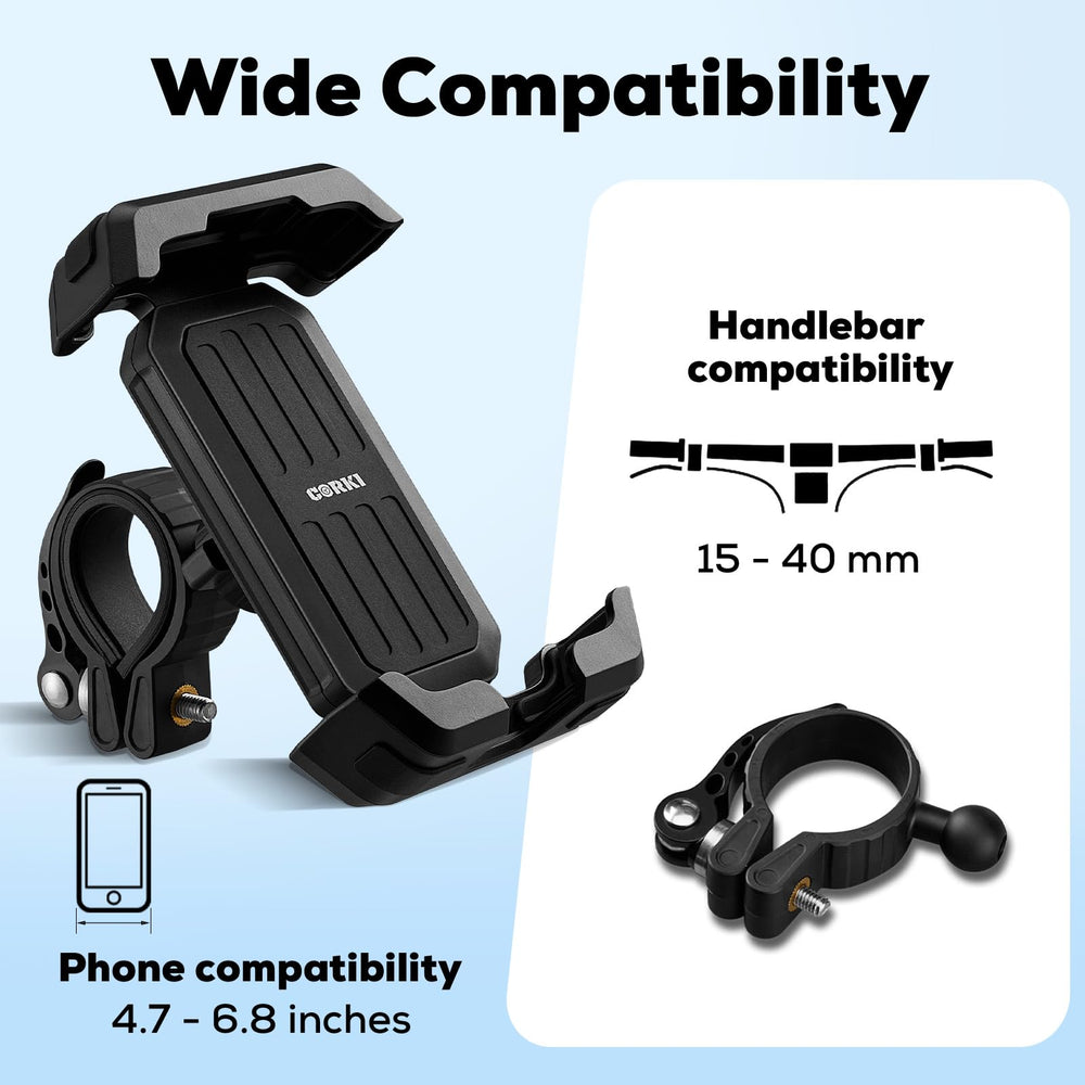 Corki bike phone holder handlebar clamp secured on various handlebars.