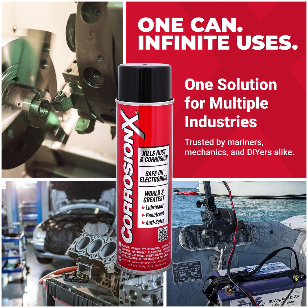 CorrosionX is ideal for tools, trailers, boats, and coastal equipment.