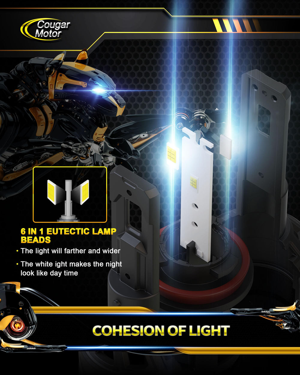Cougar Motor 9005 H11 installation-ready design with 1:1 fit and plug-and-play