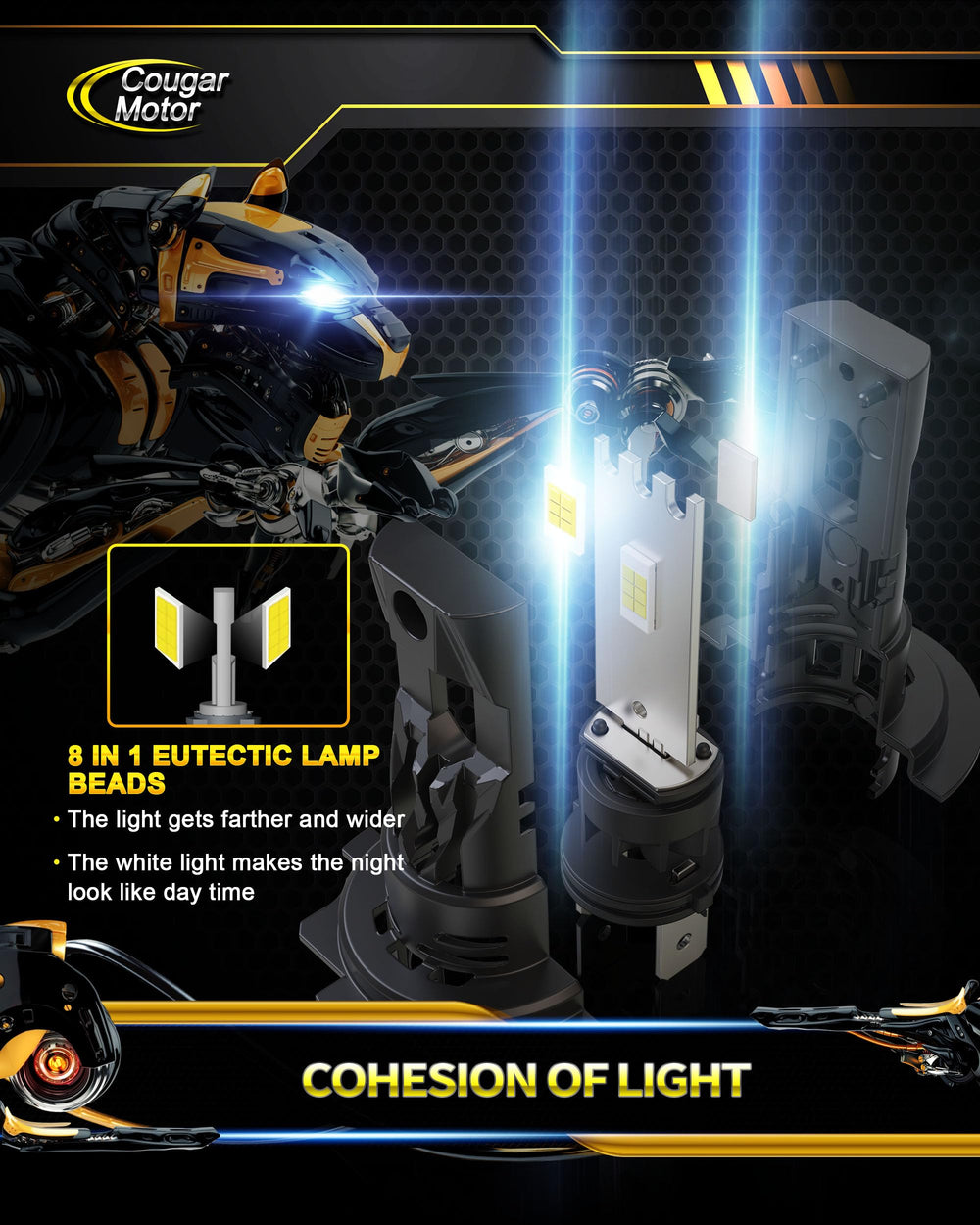 Cougar Motor H7 bulbs deliver bright 6500K illumination for night driving.