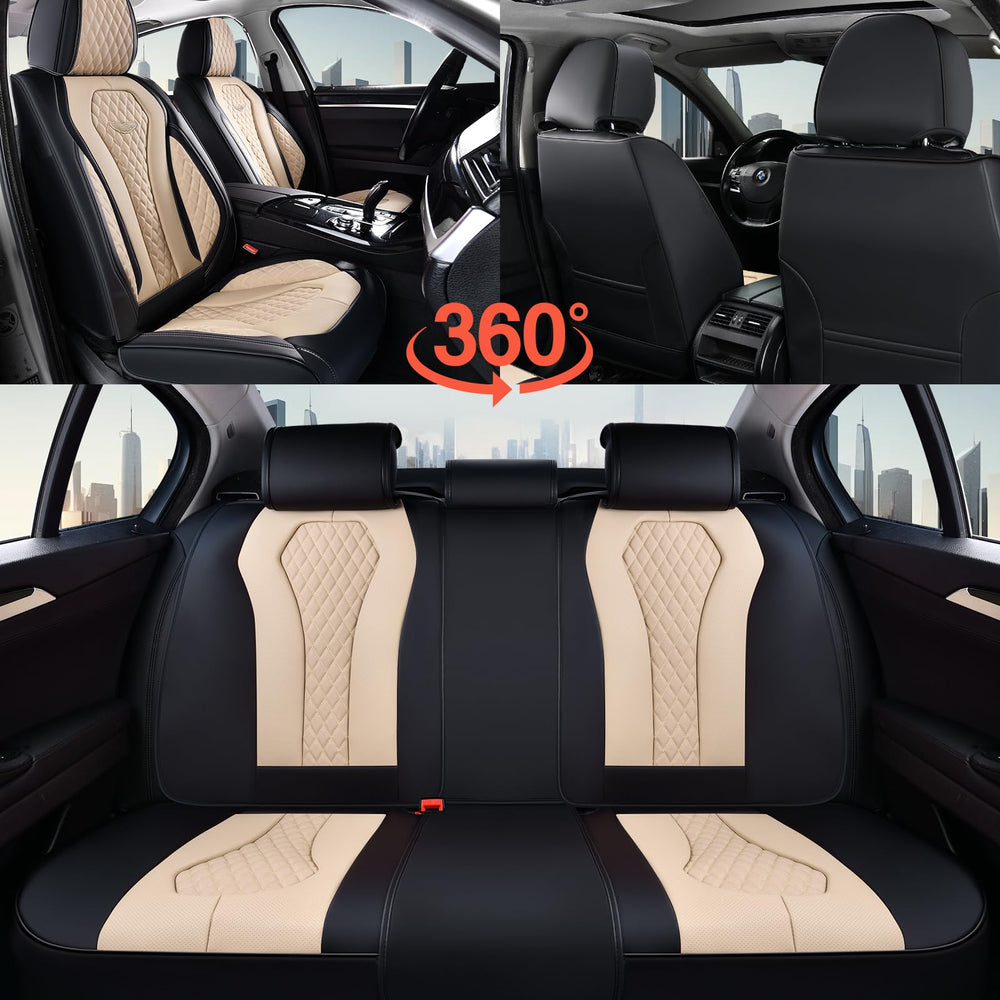 Beige interior styling with Coverado seat covers for versatile car aesthetics.