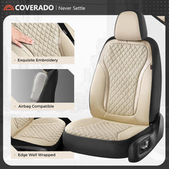 Coverado beige seat cover featuring carbon fiber stitching for upscale look