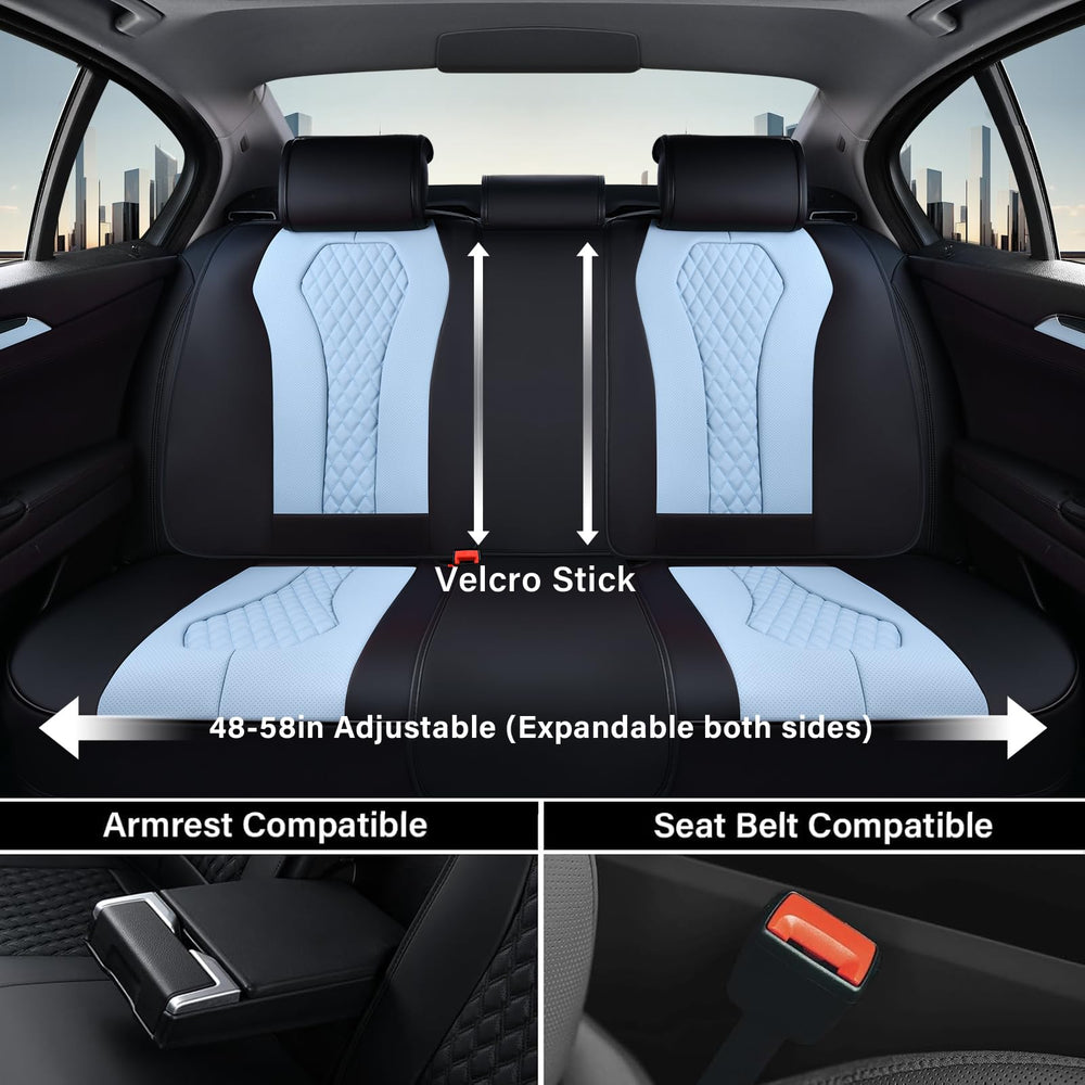 Coverado blue leather seat cover close-up highlights premium texture and breathability.