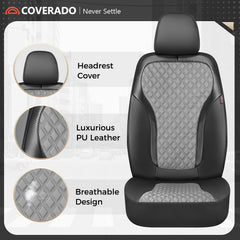 Coverado seat cover maintains access to airbags and controls with separate headrest covers.