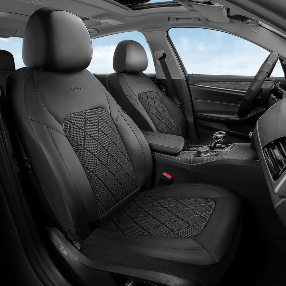 Coverado front-seat-covers installed show premium look and everyday spill protection.