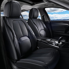 Coverado leather seat cover front view showing premium material and snug fit for drivers.