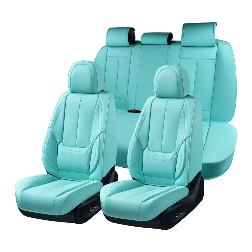 Coverado Nappa leather front seat covers; luxury design and spill protection.