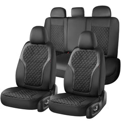 Coverado seat covers display diamond pattern with carbon fiber stitching for premium protection.