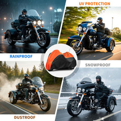 CovERVIN trike cover with windproof center buckle secures the three-wheeler outdoors.