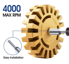 CowboyBOB adhesive remover wheel delivers safe finish with soft rubber contact.