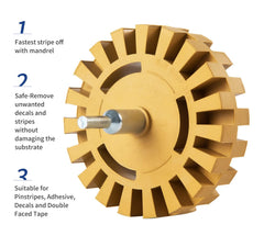CowboyBOB rubber eraser wheel shown with drill adapter enabling quick adhesive removal.