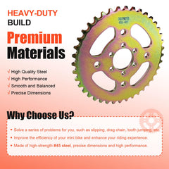 CQSPMOTO 40T sprocket six-holes closeup shows galvanized coating for rust resistance.