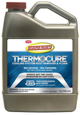 CRC Thermocure bottle demonstrates rust removal action for cooling systems and potential overheating prevention.