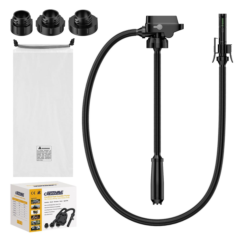 CrestWave cordless fuel pump with auto-stop prevents spills during refueling.