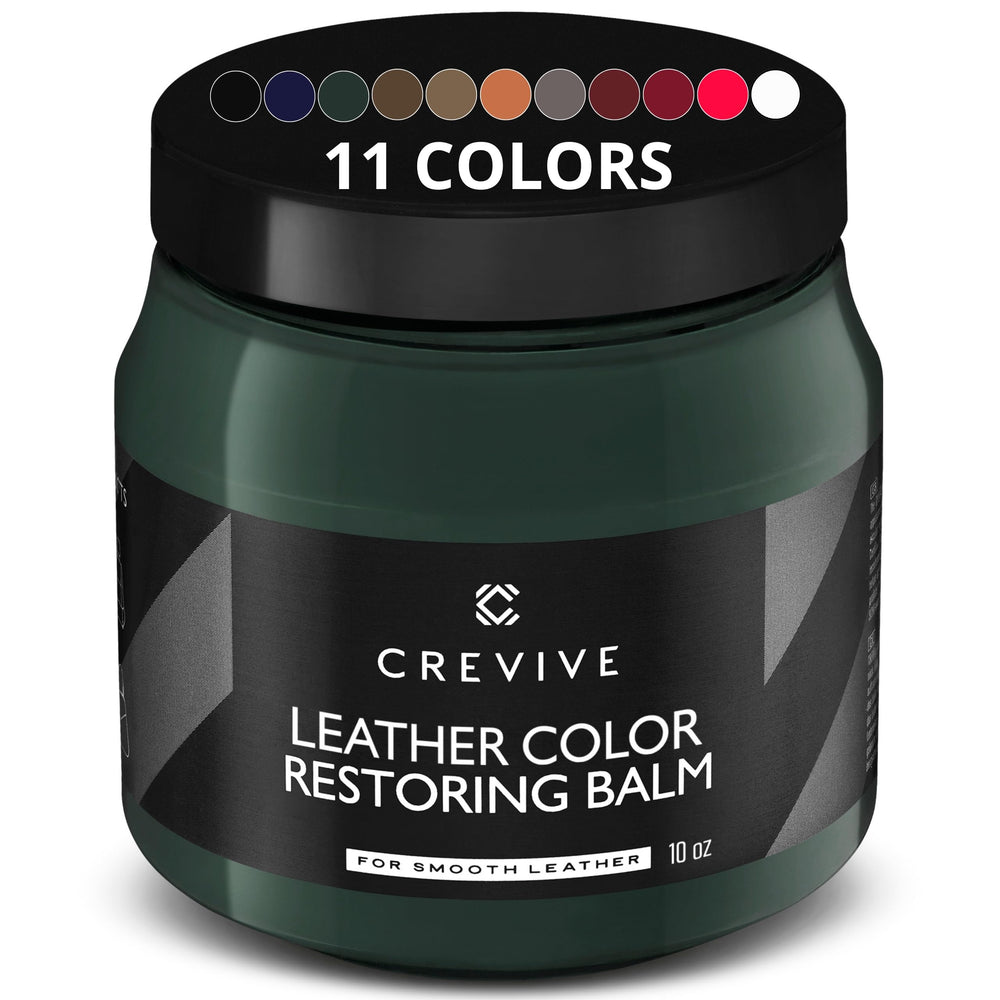 CREVIVE dark green leather balm 10 oz bottle restores color and guards against wear.