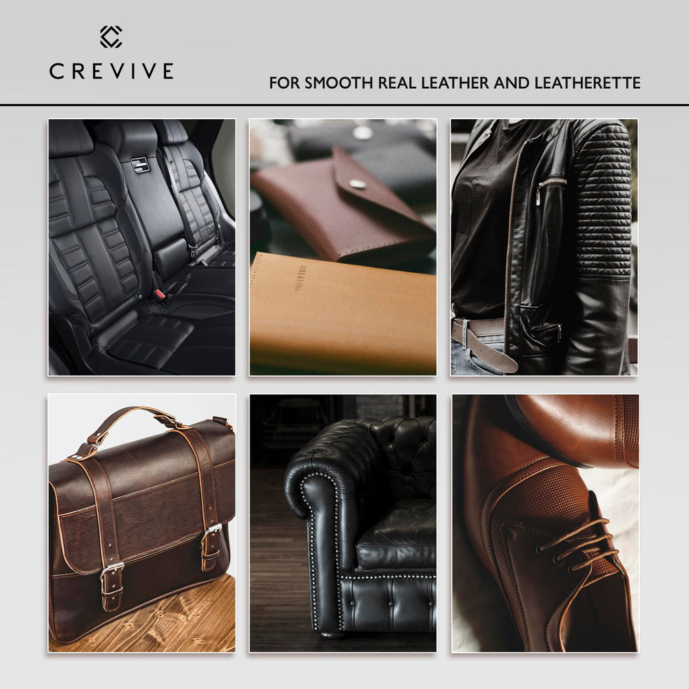 CREVIVE leather care kit with cleaner, restorer, sponge and cloth for easy home maintenance.