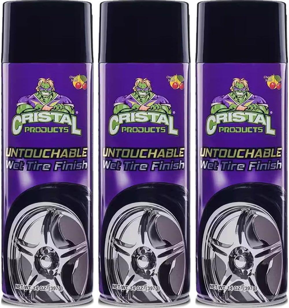 Cristal Products Untouchable Tire Finish bottle delivers a glossy, long-lasting wet look.