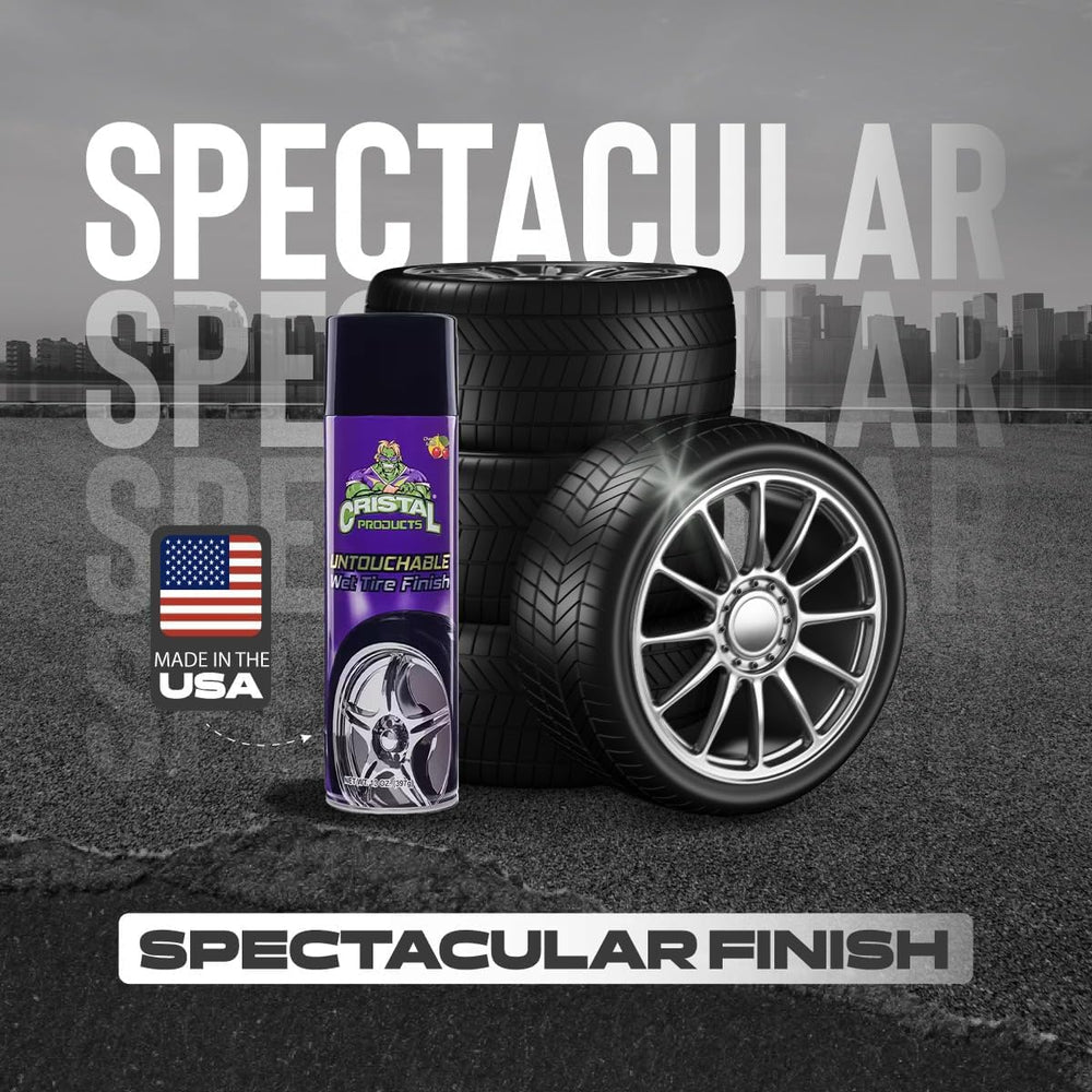 Cristal Products Untouchable Tire Shine Spray demonstrates UV-blocking protection against sun fade.