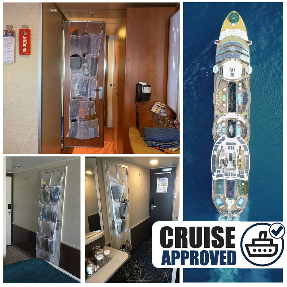 Cruise On fifteen-pocket door organizer provides extra space for shoes and small items.