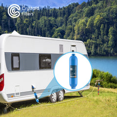 Crystala inline filter shown for RV, boat, and garden use cases.