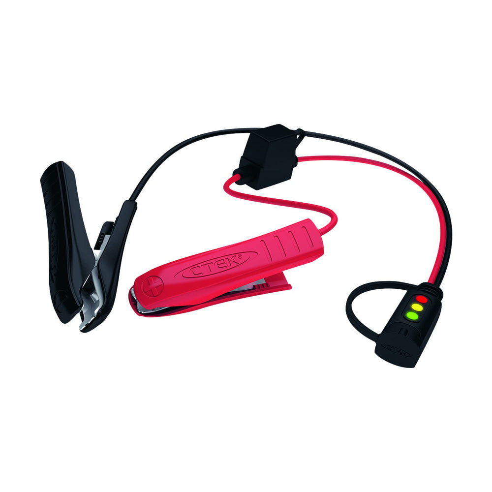 CTEK Comfort Indicator Clamps close-up showing a secure, vehicle-specific connection.