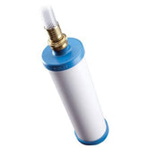 Culligan RV-800 exterior pre-tank filter connected to camper hose for clean drinking water.