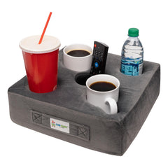 Cup Cozy Deluxe Pillow Gray cup-holder-tray keeps drinks and remotes within reach