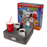 Cup Cozy Deluxe Pillow Gray on sofa showing expandable cup holes for drinks