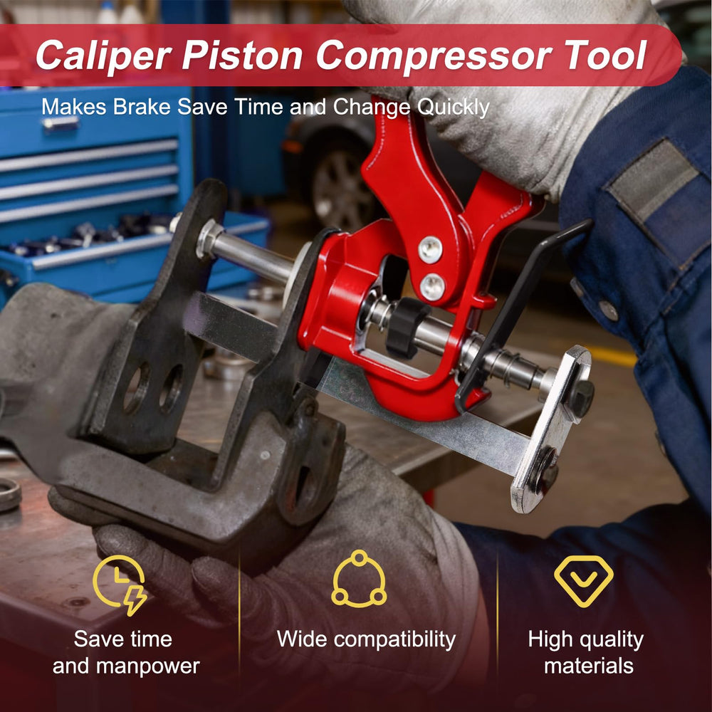 Cupbunny brake caliper tool in use facilitates piston compression during service.