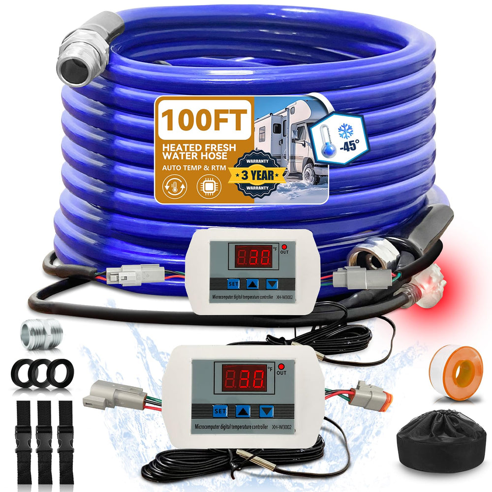 Cupohus heated water hose for RV 100ft setup shows reliable winter water delivery.