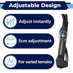 CuraceQ kickstand demonstrates adjustable 5 cm leg length via button.