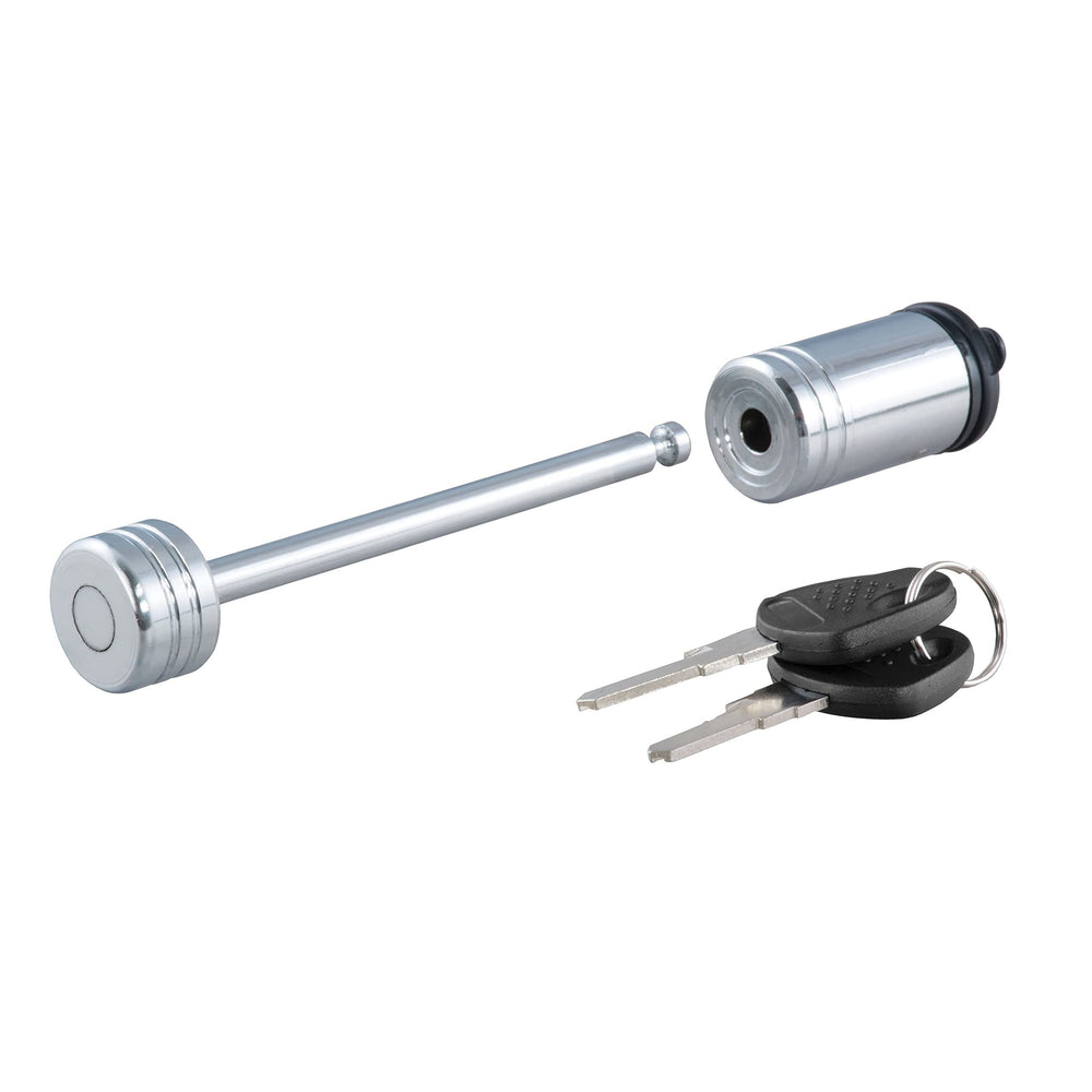 CURT 23523 chrome trailer coupler lock with barbell design deters tampering.