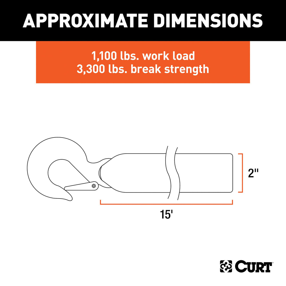 CURT winch strap with zinc snap hook and latch for reliable attachment