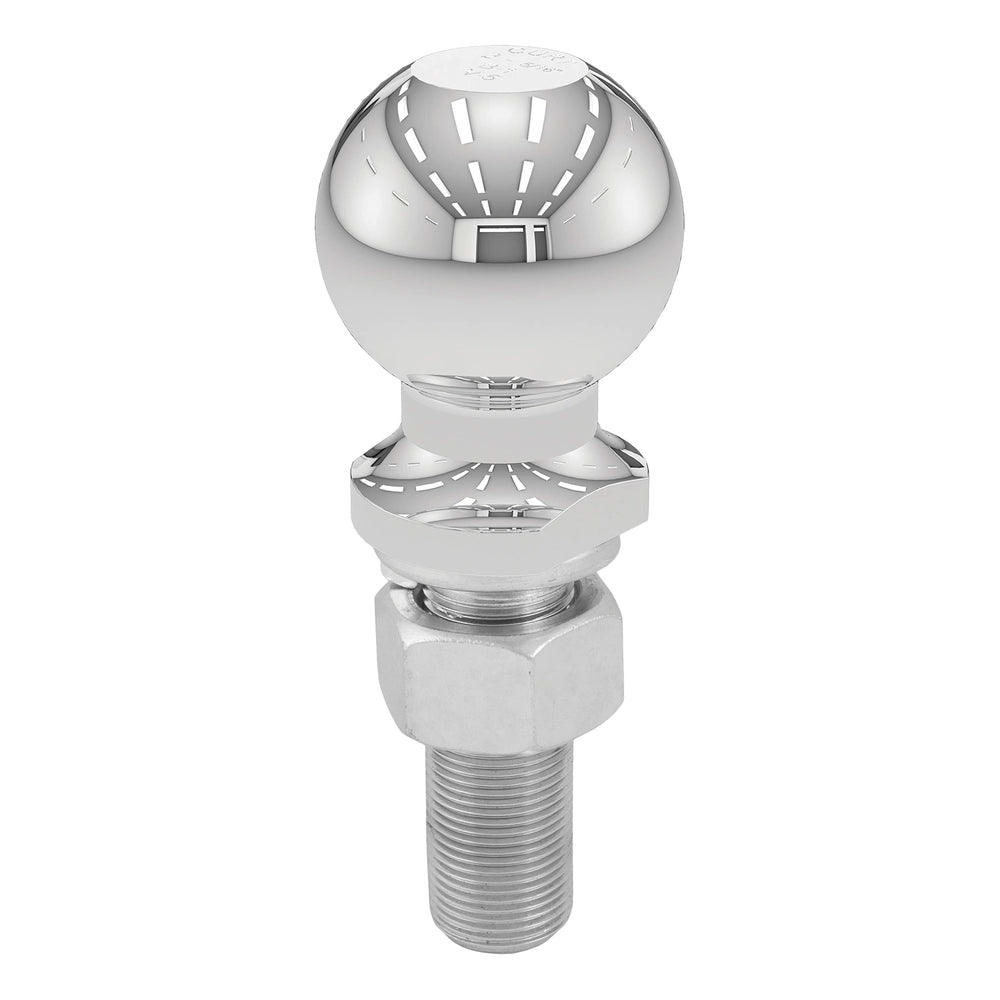 CURT 40021 trailer ball front view shows chrome finish and readiness for weather exposure.