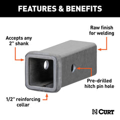 CURT 49060 raw steel receiver tube with reinforced collar for added strength.