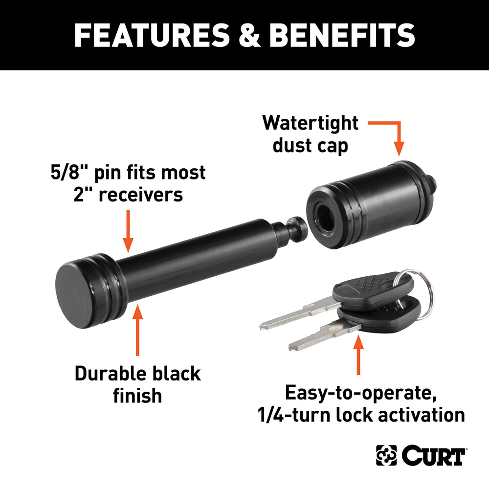CURT hitch lock demonstrates reliable 2-inch receiver compatibility for common setups.