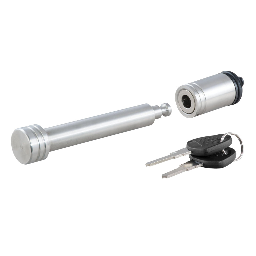 CURT hitch lock barbell pin securing a ball mount for added trailer security.