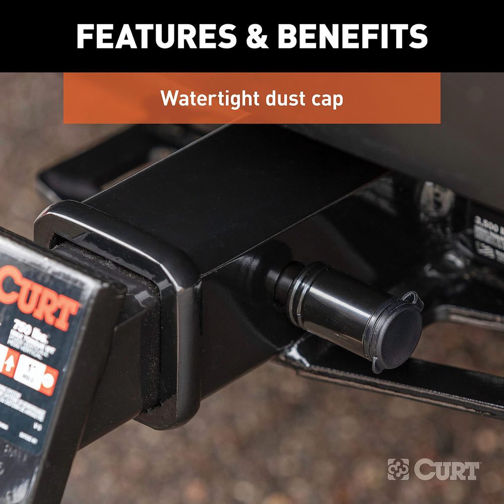 CURT hitch lock in-use on a trailer illustrates quick locking action.