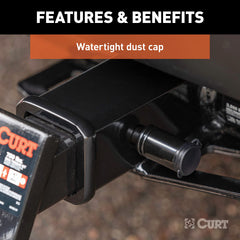 CURT hitch lock in-use on a trailer illustrates quick locking action.