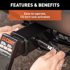 CURT hitch lock durable powder coat finish guards against corrosion outdoors.