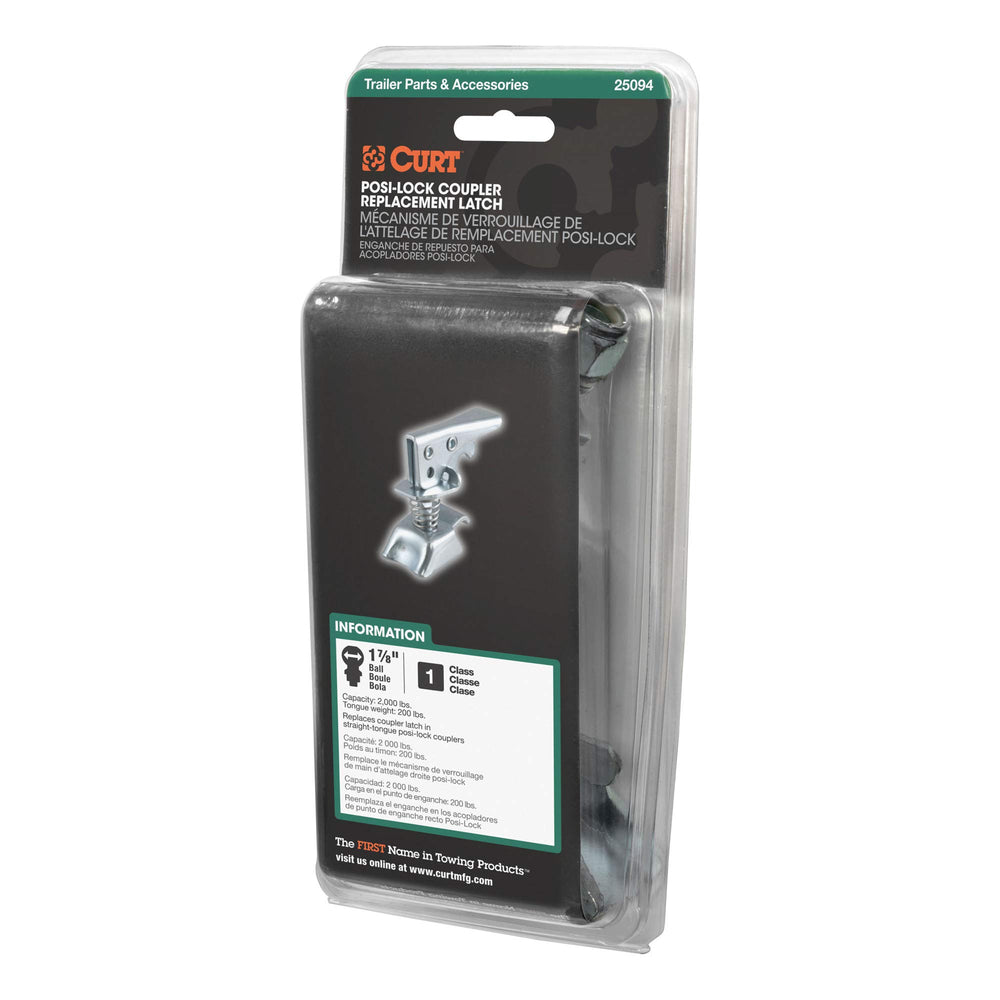 CURT Posi-Lock latch fits 3 inch channel couplers for broad compatibility.