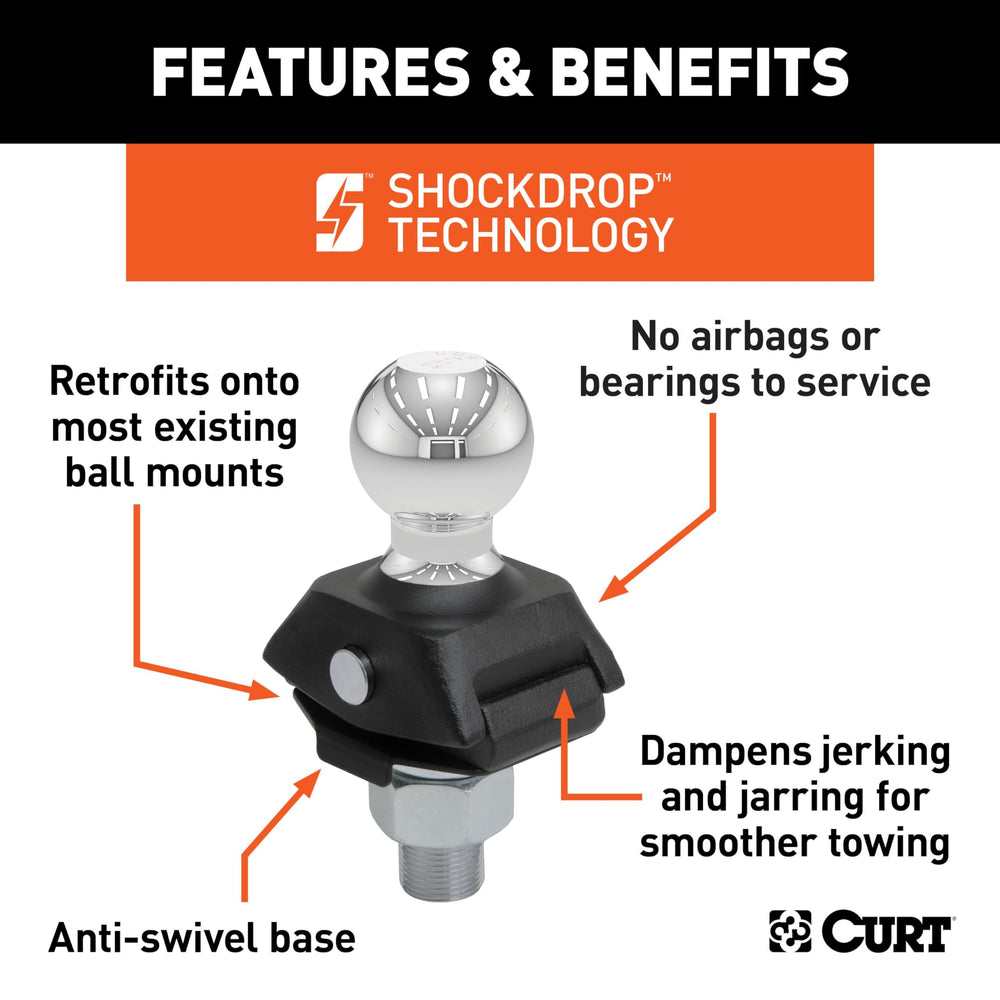 Forged steel CURT RockerBall with powder coat finish offers corrosion resistance.
