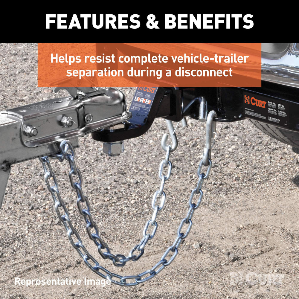 CURT zinc-plated chain resists rust against outdoor elements for long-lasting use.