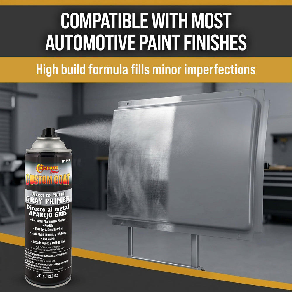 Custom Shop 1K High Build Primer Spray Paint highlights direct-to-metal use for streamlined prep